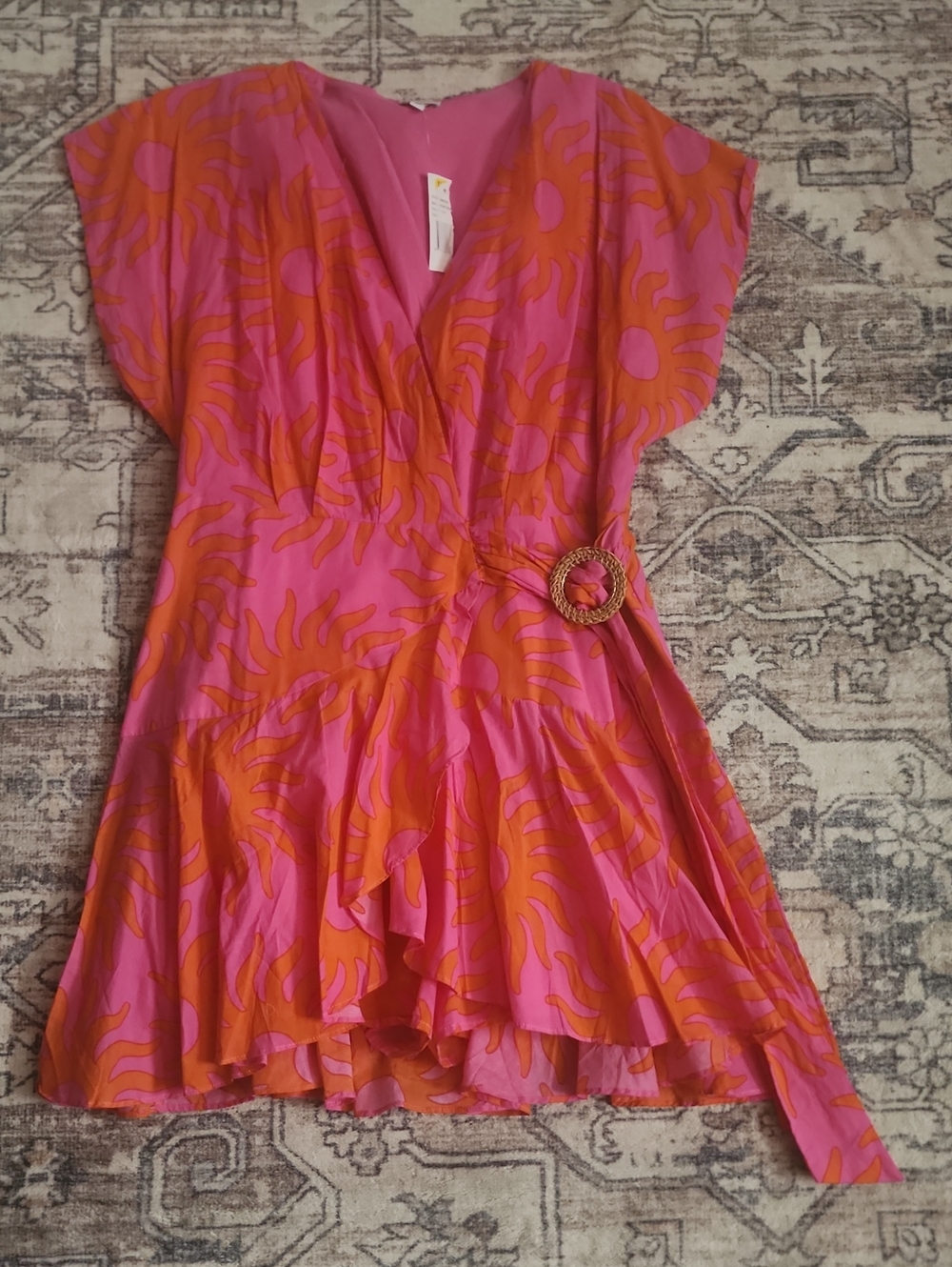 New J.Marie Pink & Orange Sunburst Wrap Dress w/ Decorative Buckle Womens Size M